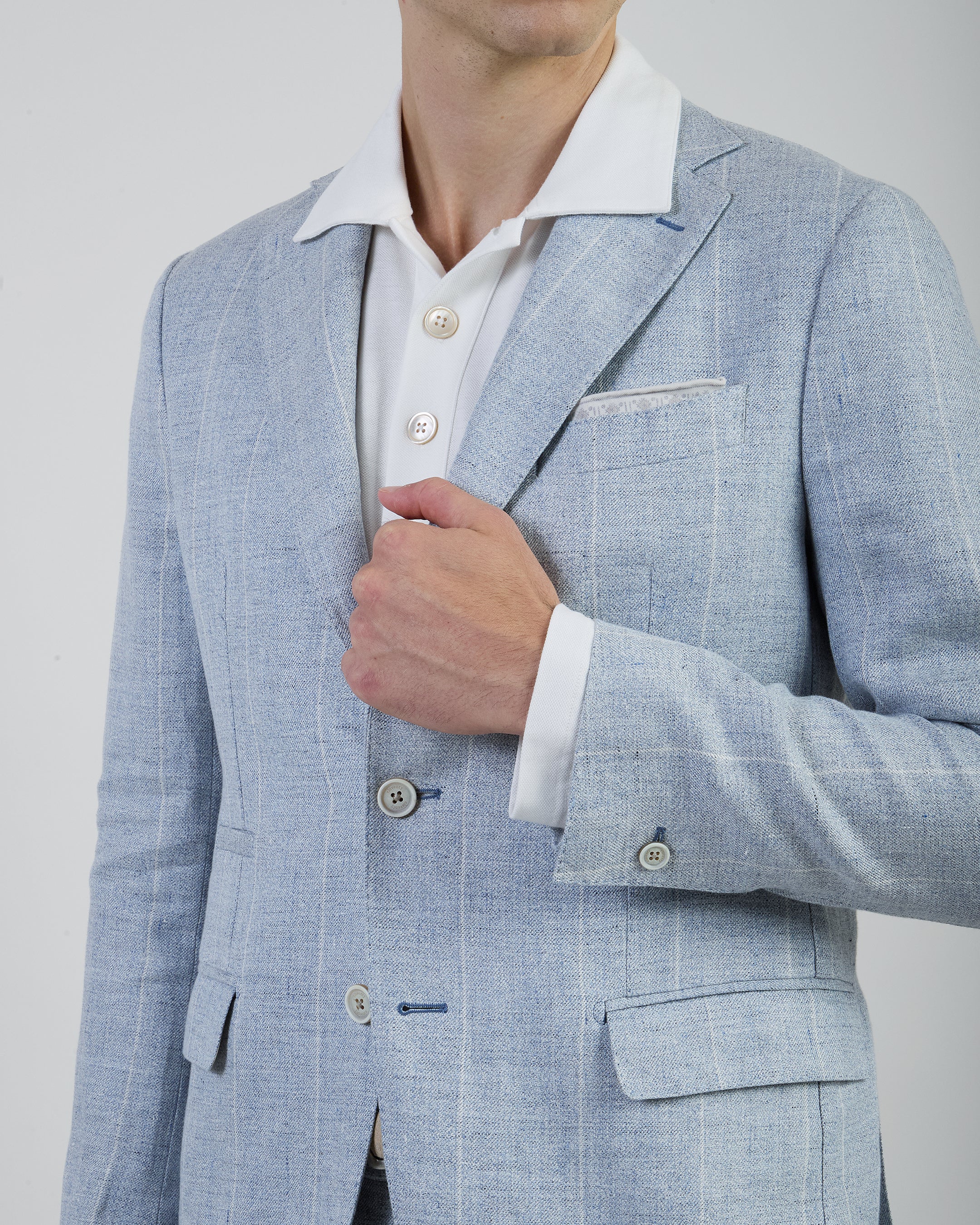 Abito Monopetto Slim Fit in Lino Gessato Azzurro - Image 3