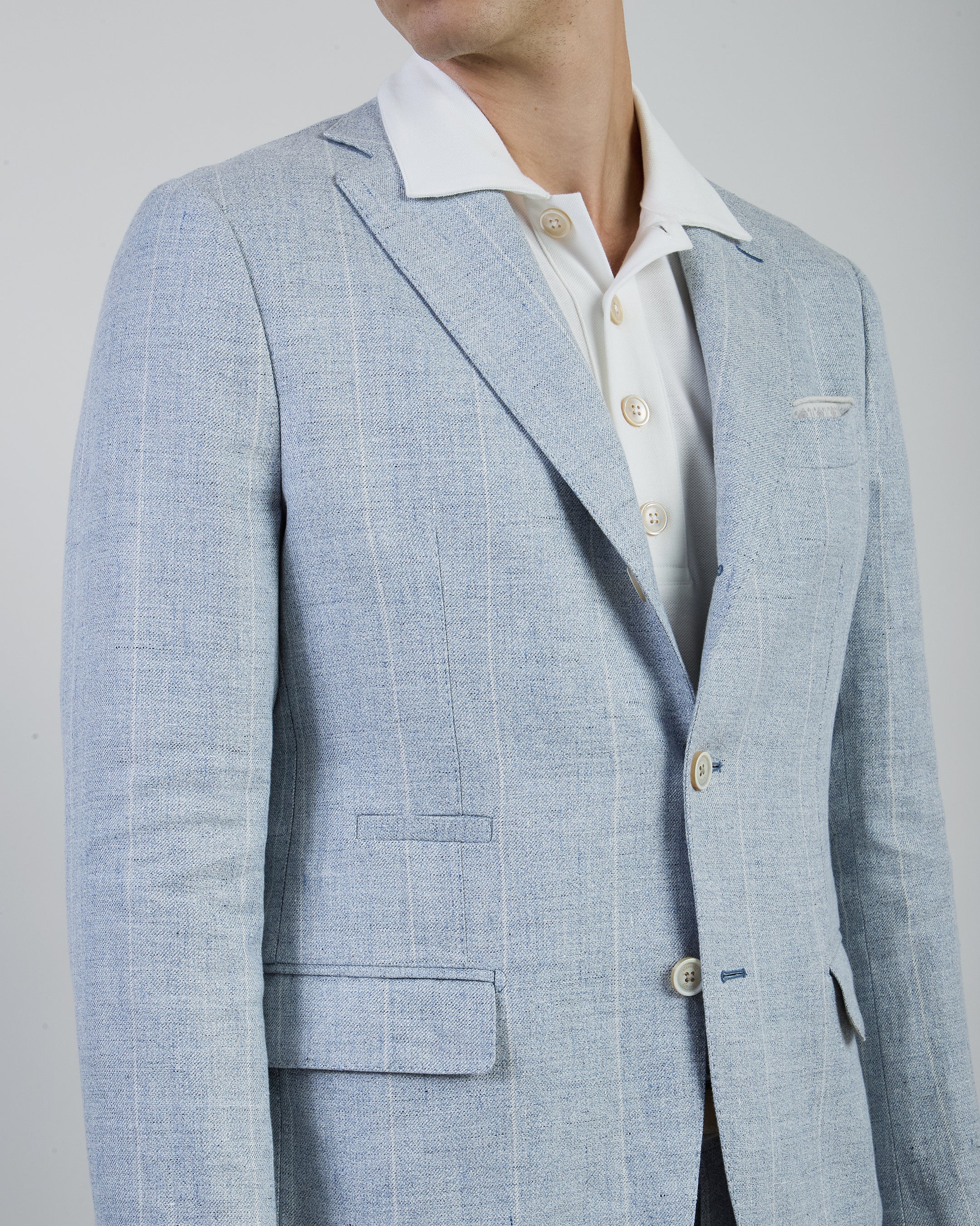 Abito Monopetto Slim Fit in Lino Gessato Azzurro - Image 4