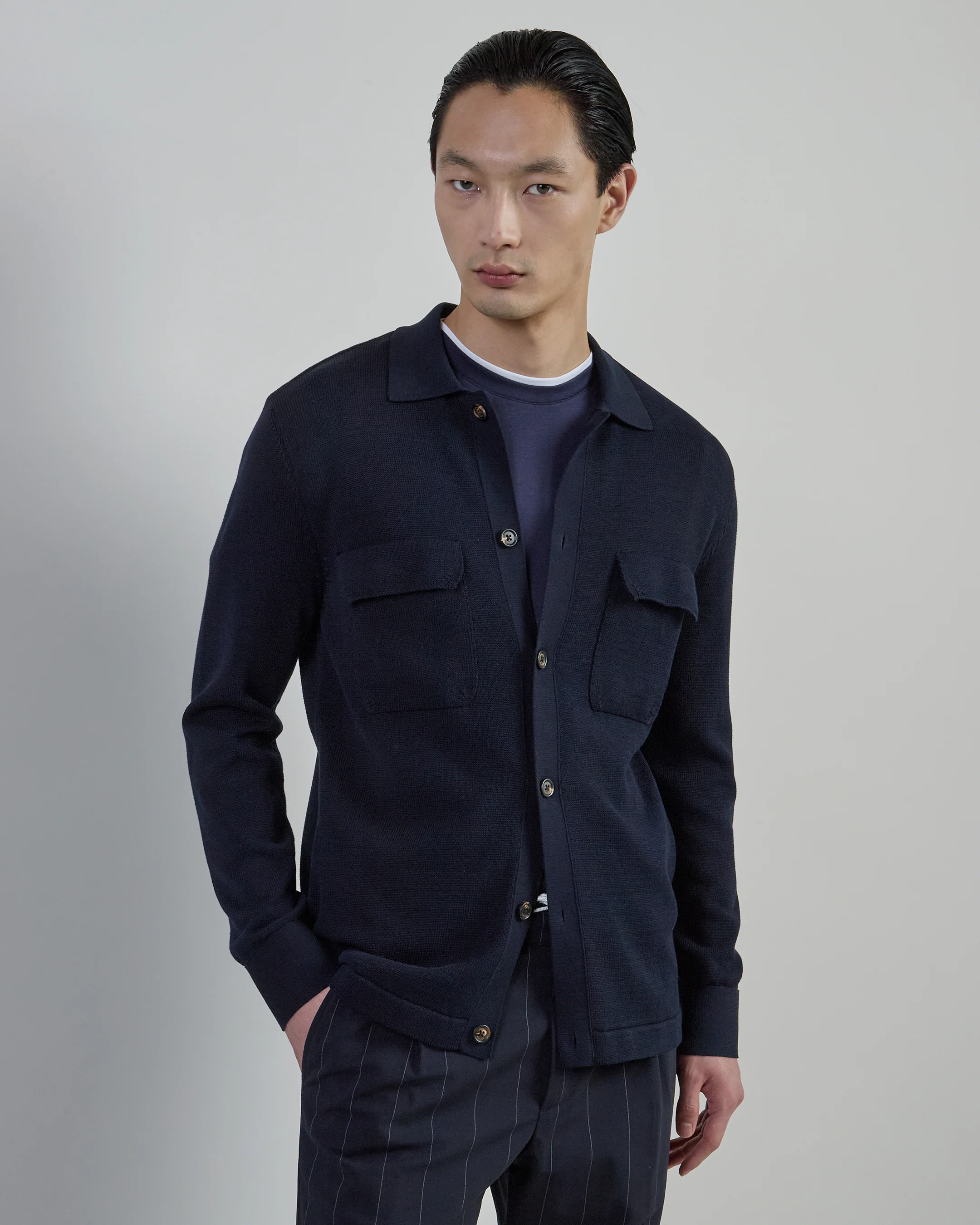 Camicia in Maglia di Cotone Uomo con Tasche Applicate