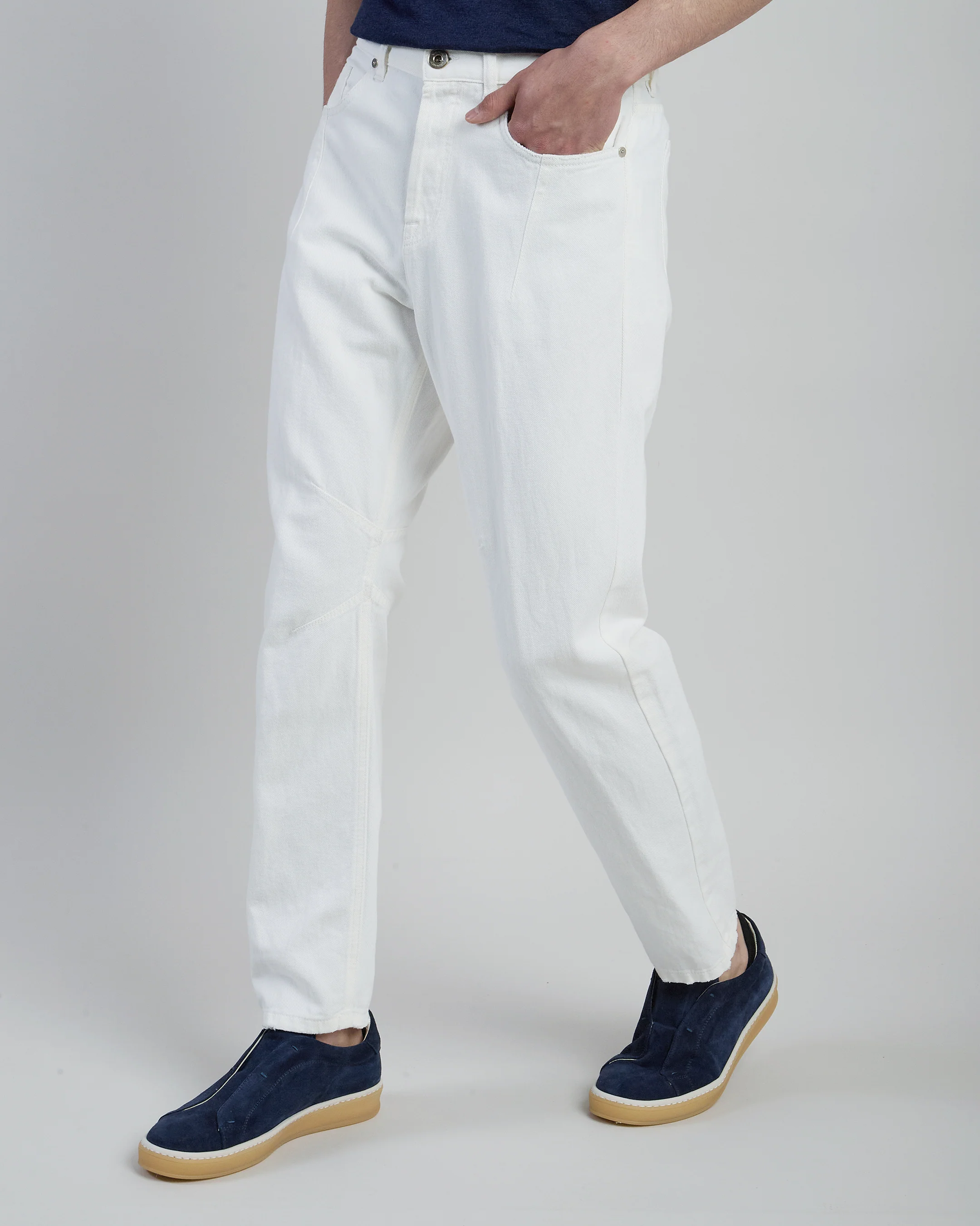 Pantalone 5 Tasche in Denim Cotone e Lino con Pinces