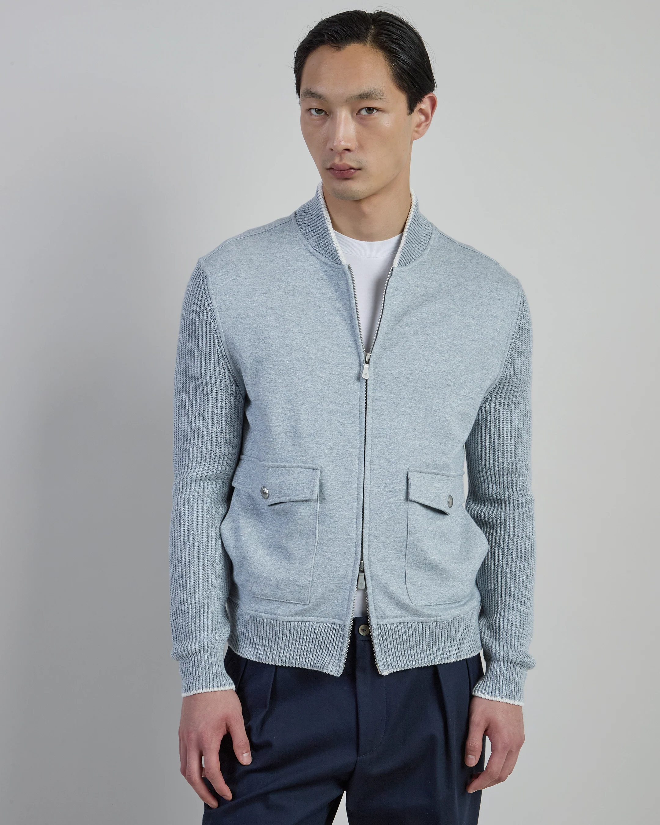 Giubbino Bimaterico in Cotone e Lino con Collo Bomber