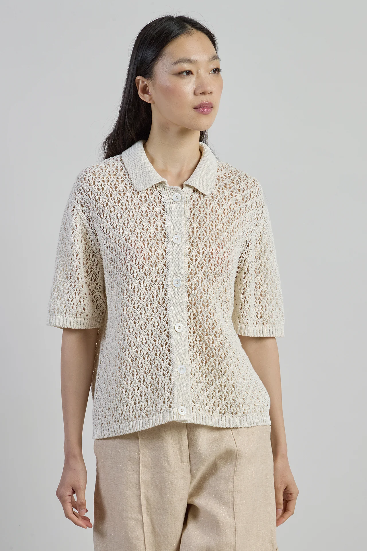 Maglia Camicia in Lino e Seta a Maniche Corte
