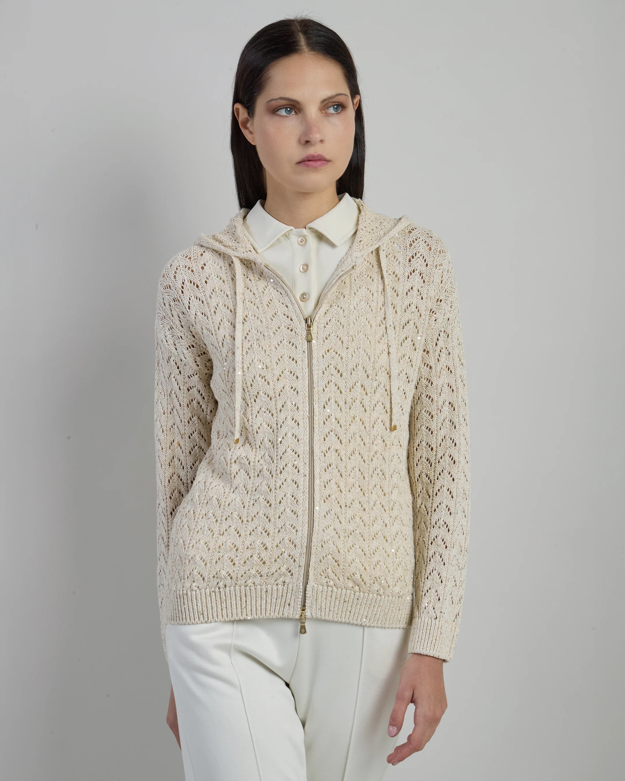 Maglia Full Zip in Cotone e Lino con Cappuccio
