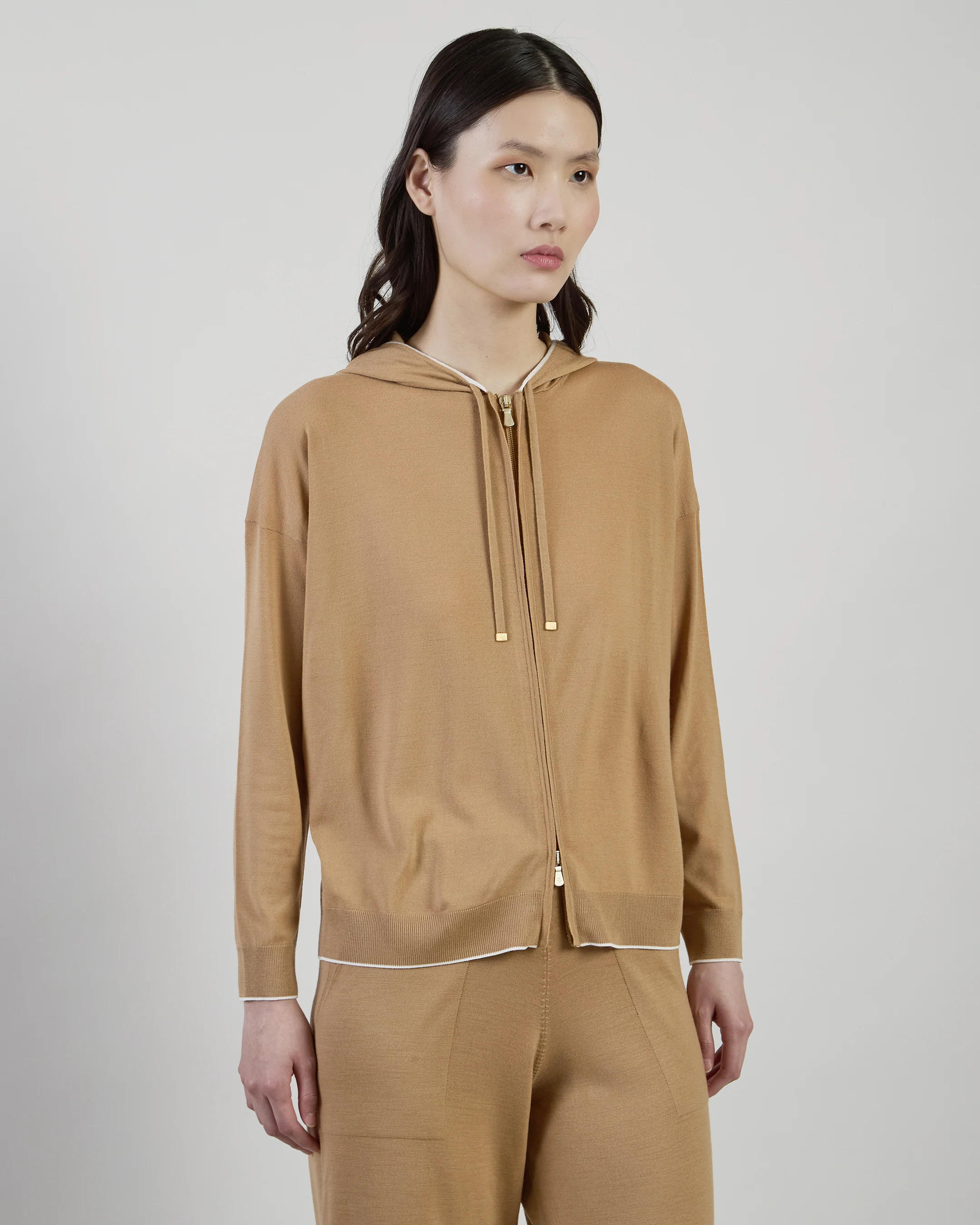 Maglia Full Zip in Lana 14 Micron con Cappuccio