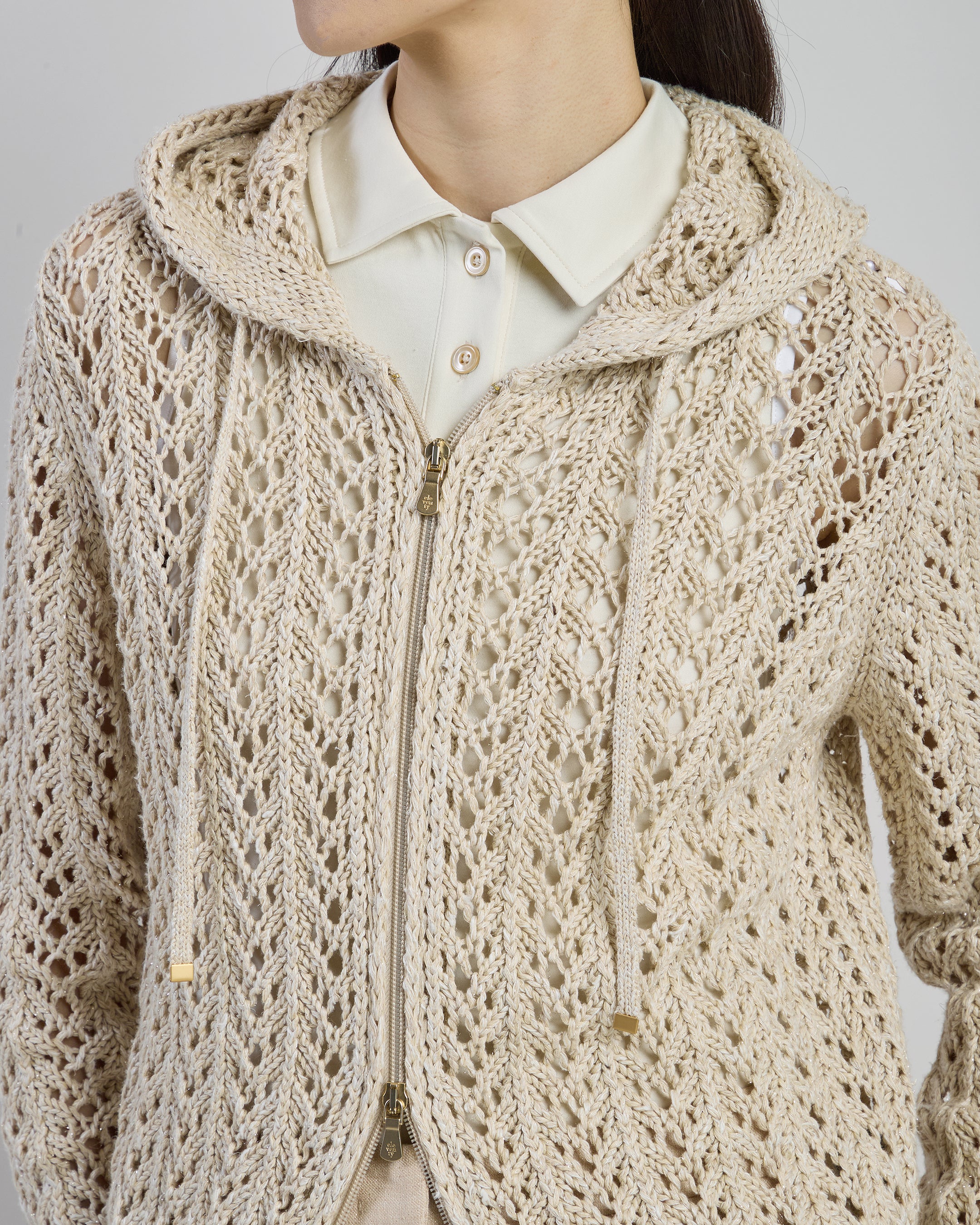 Maglia Full Zip in Lino Cotone e Seta con Cappuccio - Image 3