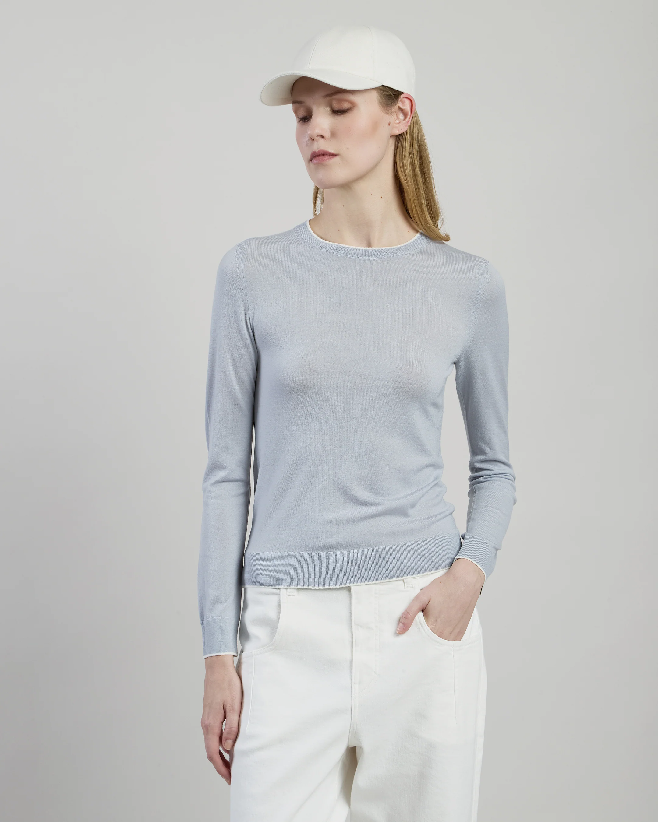 Maglia Girocollo in Lana 14 Micron con Contrasto