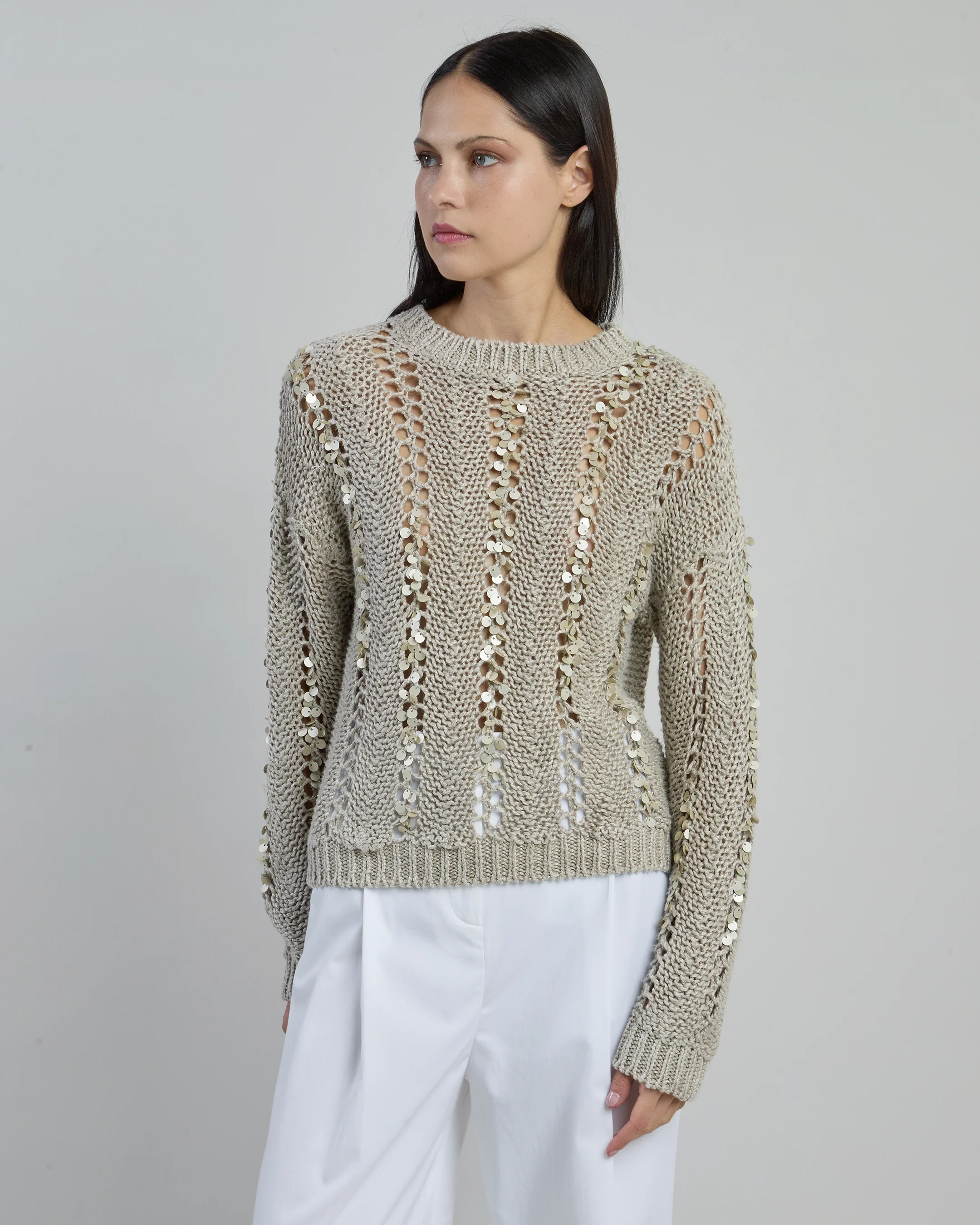 Maglia Girocollo in Lino con Paillettes da Donna