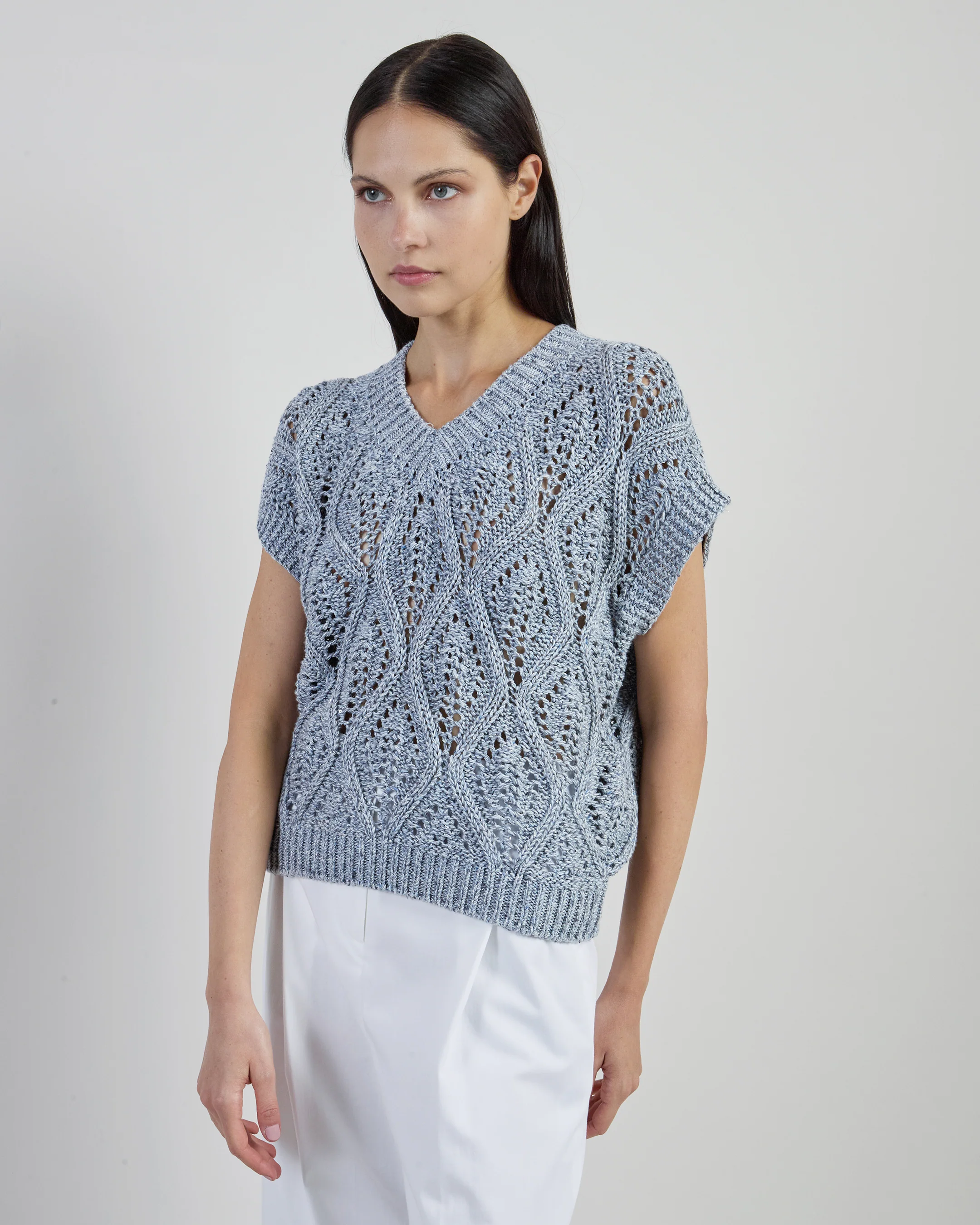Maglia Scollo a V in Cotone e Lino con Paillettes