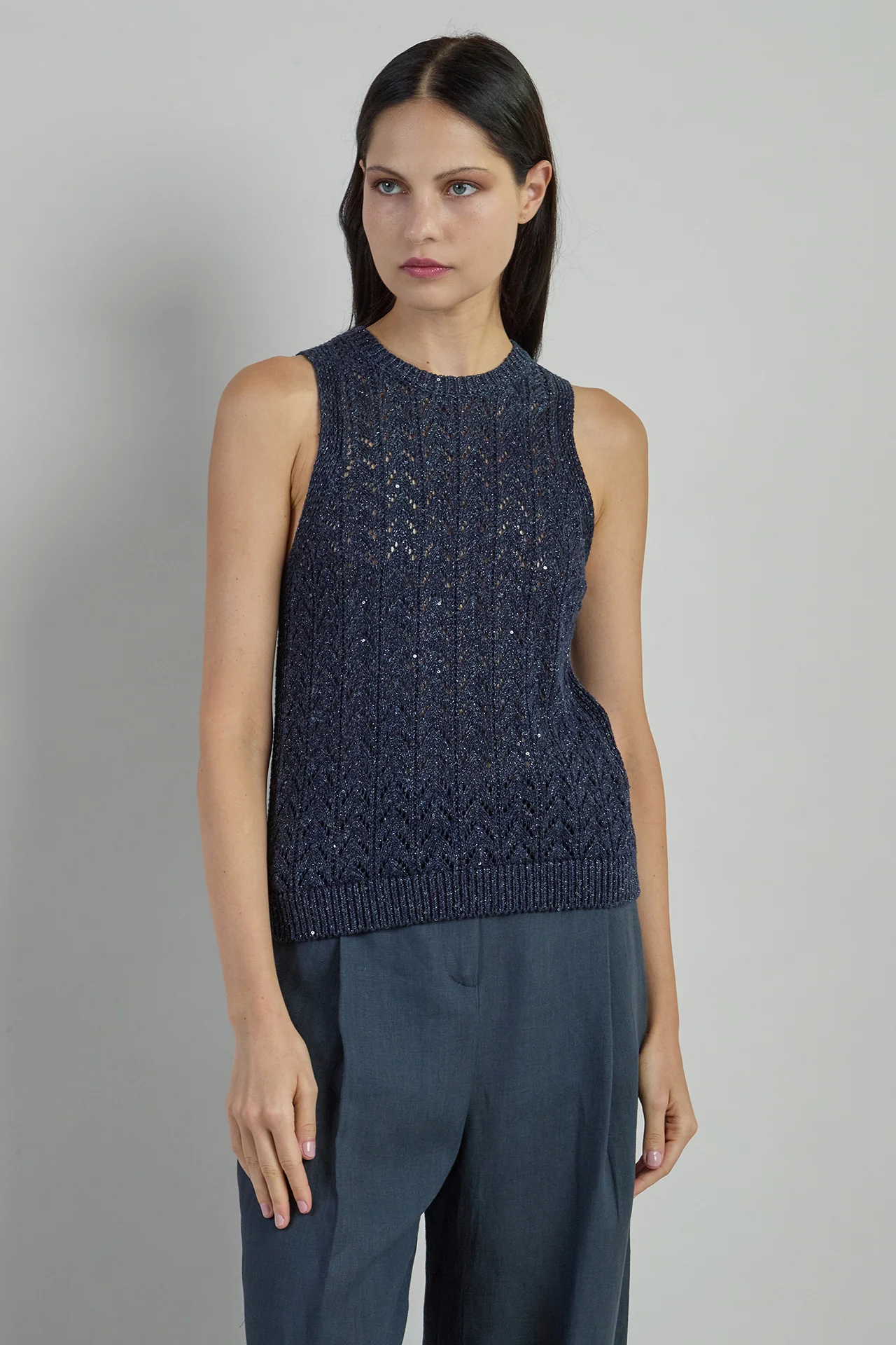 Maglia Smanicata in Cotone e Lino con Paillettes
