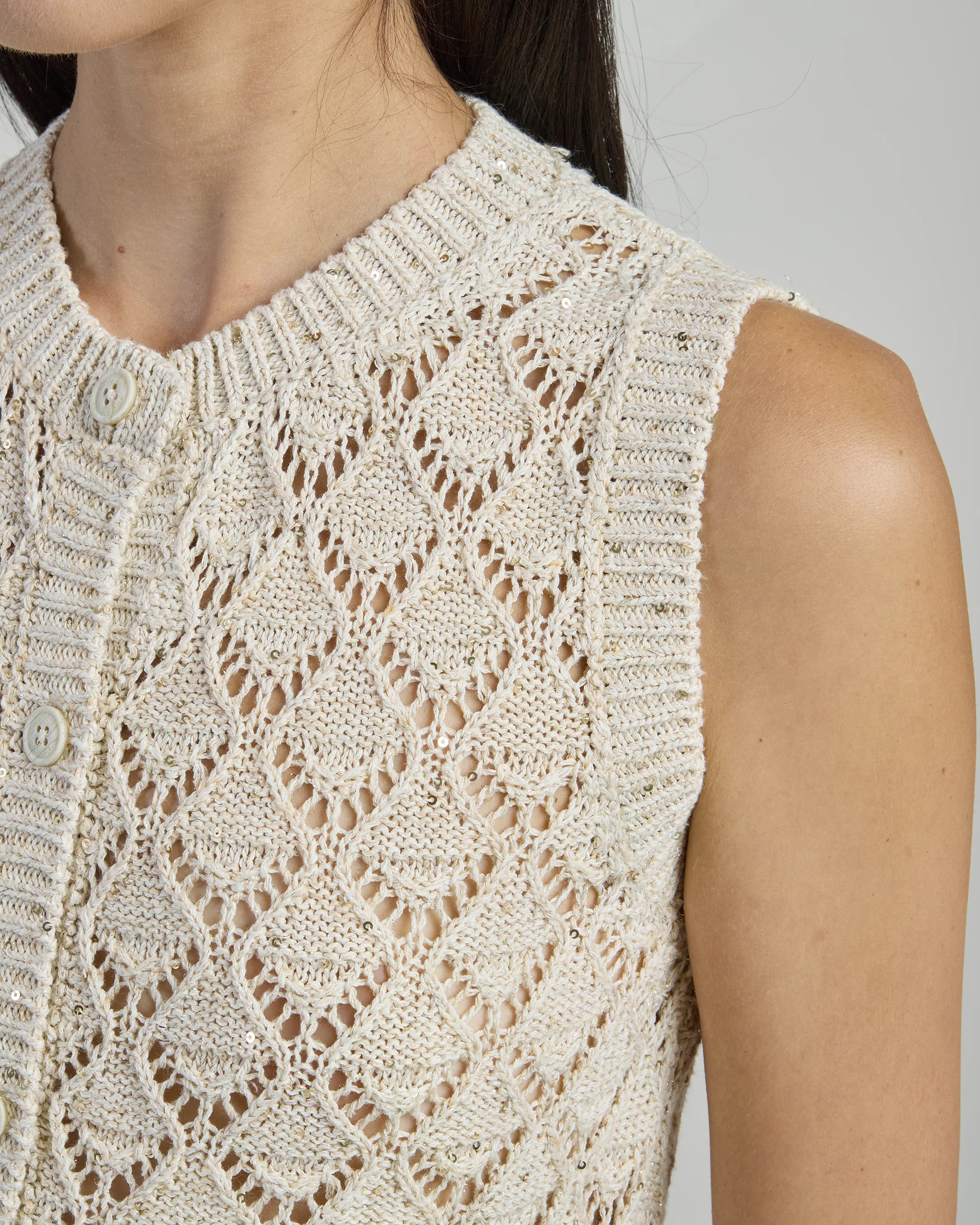 Maglia Smanicata in Cotone e Lino con Paillettes Donna - Image 3
